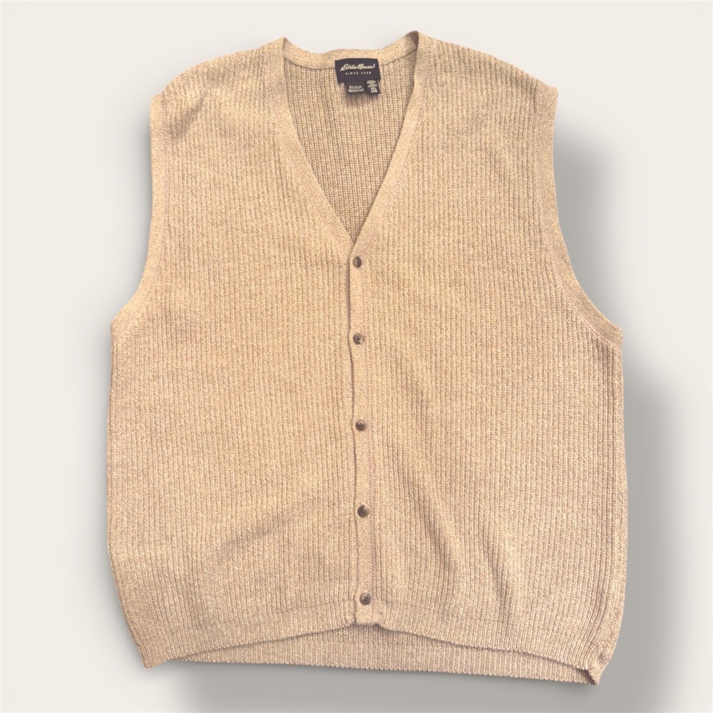 Eddie Bauer Mens XXL Tall Tan Cotton Blend Shaker Knit Button Front Sweater Vest